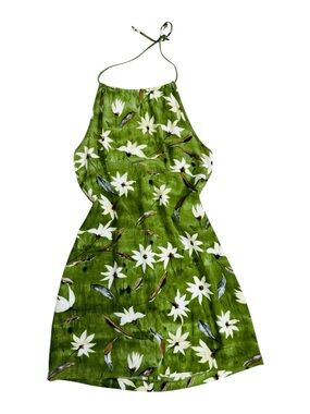 Rampage Vintage Y2K Olive Green Floral/Daisy Print Halter Mini-Dress - 1990s S